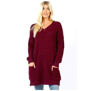 Zenana V neck Popcorn Sweater, Burgundy